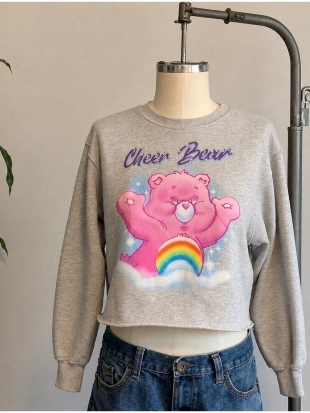 Crop Cheer Bear Care Bear Sweatshirt Gray Midriff XS Womens 80s Kidcore